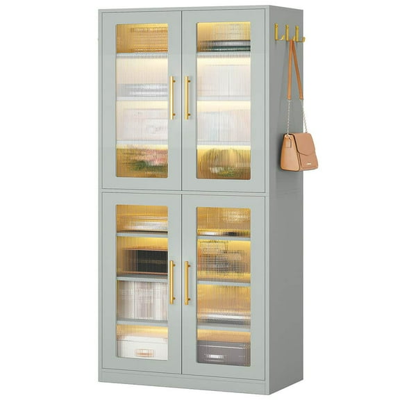 Barara King Bookshelf, Bookcase, Display Standing Shelf67-inch Bookcase, 8-Tier Bookshelf with Acrylic Doors and LED Light,Gray