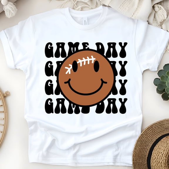 Game Day Smiley Football T-Shirt | Retro Sporty Graphic Tee, White, Size S