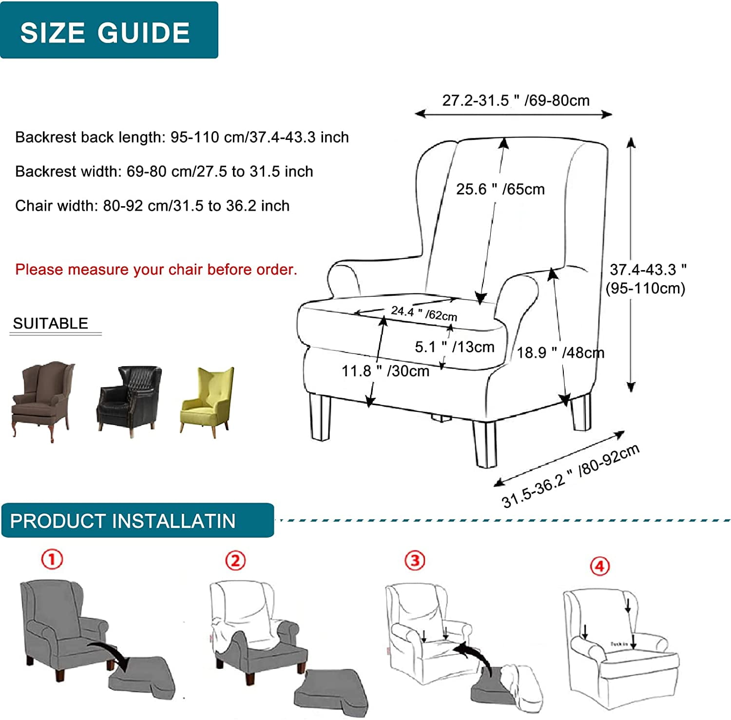 PTSPLLMY Waterproof Wingback Chair Slipcover 2-Piece Stretch Wing Chair Covers Printed Wingback Armchair Slipcover Soft Sofa Covers Furniture Protector Chair Covers for Living Room Armchair, B8