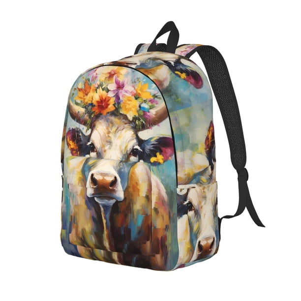 Balery Oil Painting Flower Cow Mochila Clásica Impresa Básica para Viaje, Mochila Escolar Resistente al Agua, Mochila de Lona con Correas Ajustables-Small