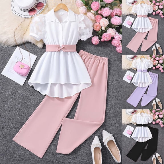 RTKFRFLM Big Girls 2-Piece Summer Set Short Sleeve Button-Down Lapel Shirt with High-Low Hem and Matching Pants Trendy Fashionable Outfits for and Girls Ages 8-12 Years
