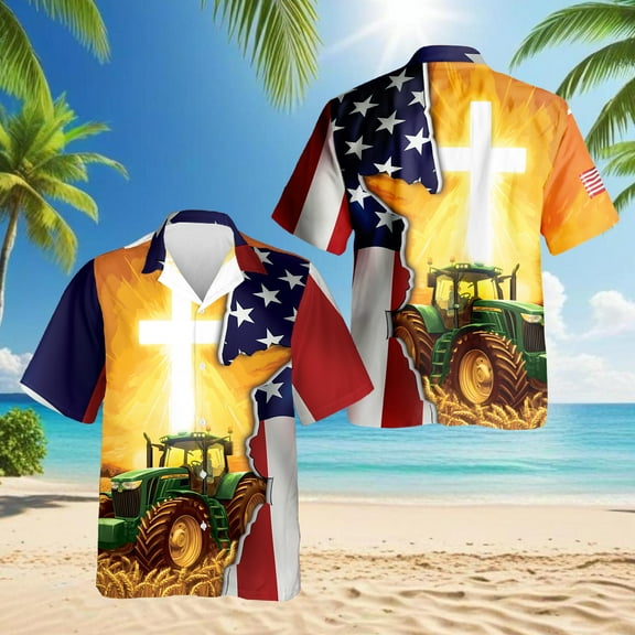 USA Farmer Tractor Hawaiian Shirt for Men, Vintage Style, Button Down Summer Beach Short Sleeve, S-5XL