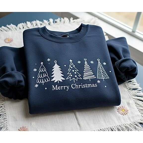 Merry Christmas Tree Embroidered Sweatshirt, Holiday Winter Crewneck, Cozy Christmas Gift, Festive Embroidery Pullover