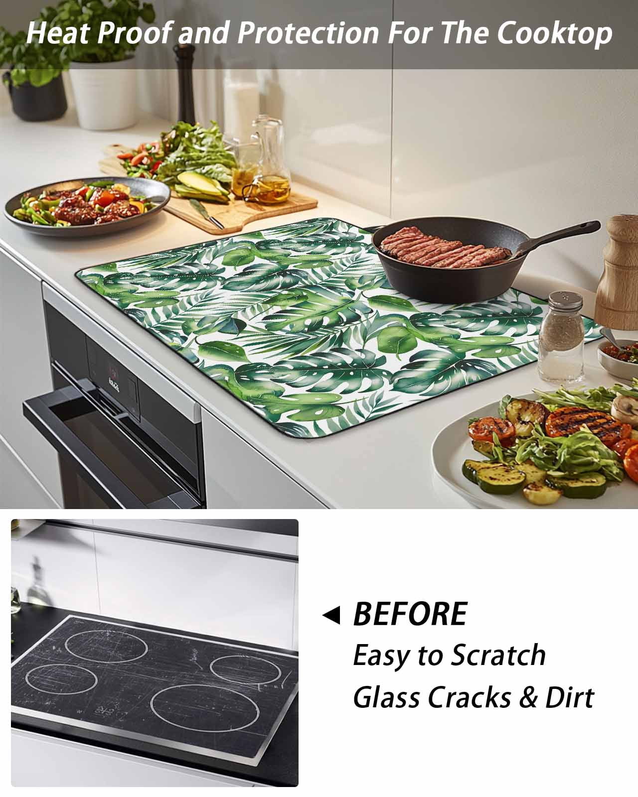 Stove Top Covers for Electric Stove, Tropical Glass Stovetop Cover Protector, Green Palm Leaf Summer Plant Induction Cooktop Protector Oven Mat for Kitchen Countertop 24"x21"