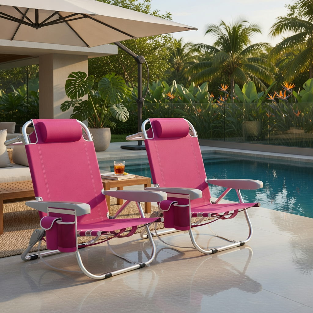 Hommoo 2-Pack Foldable Beach Chair with Cup Holder, Adjustable Backrest & Storage Pockets, Lightweight Aluminum Frame, Waterproof 600D Oxford Fabric, Pink