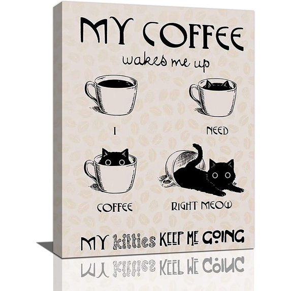 Coffee Wall Decor Kitchen Wall Decor Black Cat Coffee Decor For Coffee Bar Pictures Canvas Print Painting Modern Home Framed Artwork For Dining Room 12"X16"