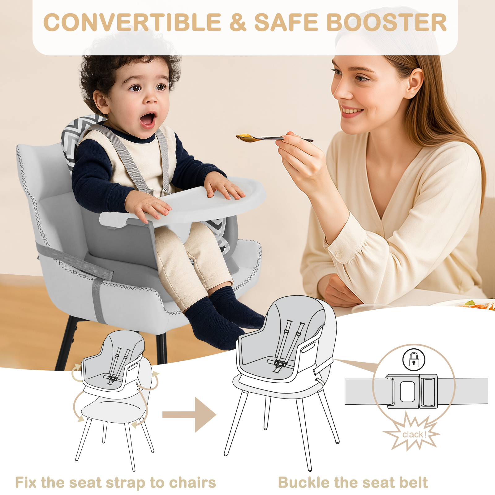 AILEEKISS 8-in-1 Baby High Chair, Toddler Booster Seat with Dishwasher-Safe Tray, Chevron