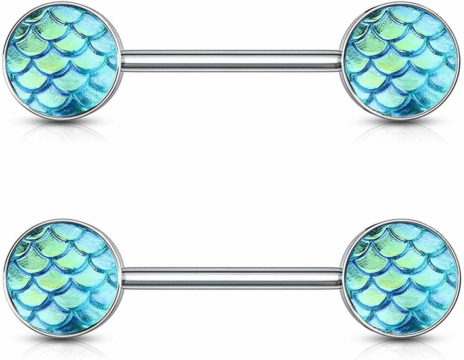 Body Accentz Fish Scale Ends 316L Surgical Steel Barbell Nipple Rings 14g Pair [Green-Pair]