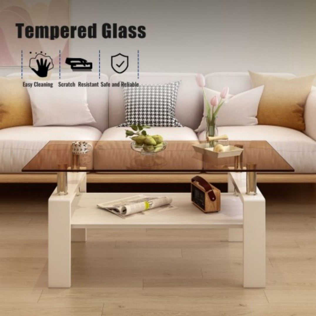 Rectangle Coffee Table, 39.2" Brown Tempered Glass Tabletop with White MDF Storage Shelf and Iron Legs, Modern Clear Glass Center Table for Living Room, 220 lbs