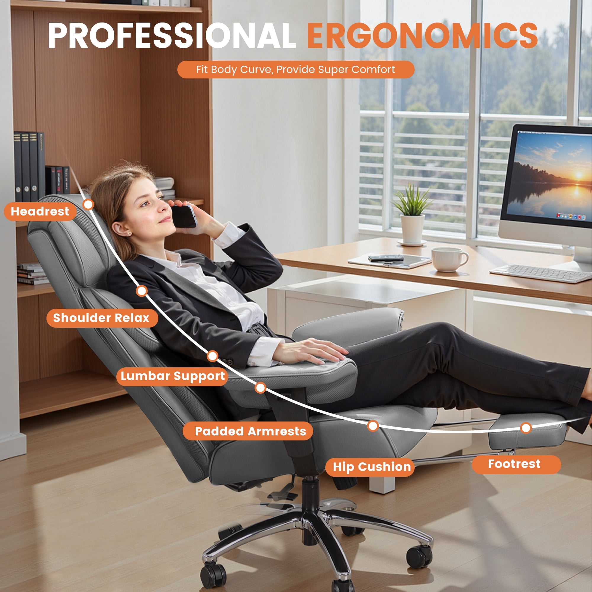 CoolHut Big and Tall Office Chair 400LBS, Adjustable Headrest Ergonomic Computer Desk Chair, Executive Leather Chair with Adjustable Armrest, High Back Office Chair Havy Duty Design, Gray