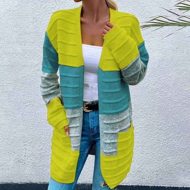 WRKEKC Women's Maxi Stripe Cardigan Oversized Pockets Color Block Design Lounge Wear Soft Knit Plus Size Green XXL