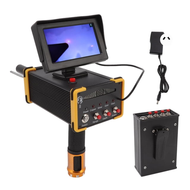 detector de metales de 15 m de profundidad, buscador de oro, escáner de metales, alcance de búsqueda de 1000 m, pantalla gr8000, borde amarillo, enchufe australiano de 100-240 v - Unidad principal rectangular negra con borde amarillo y pantalla LCD montada arriba; mango cilíndrico con detalle amarillo; panel frontal con botones y perillas para ajustar profundidad y alcance; transmisor portátil negro con cable y fuente de alimentación con enchufe australiano a la derecha; material especificado aluminio y ABS; alcance 1000 m y profundidad 15 m, diseñado para prospección de oro, plata, cobre y piedras preciosas; a menudo usado por aficionados para prospección en campo.