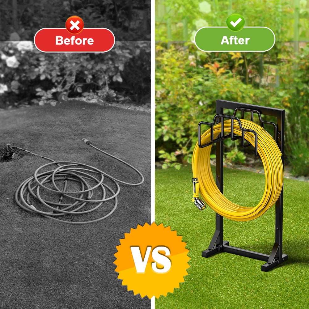 Garden Hose Reel Holder – Detachable Heavy Duty Metal Water Hose Hanger Stand, Free-Standing Organizer, Black