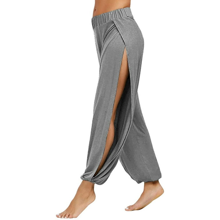 JWZUY Womens Harem Pants Yoga Workout Trouser Side Slit Ankle Pants Dance  Pant Solid Pant Gray M 