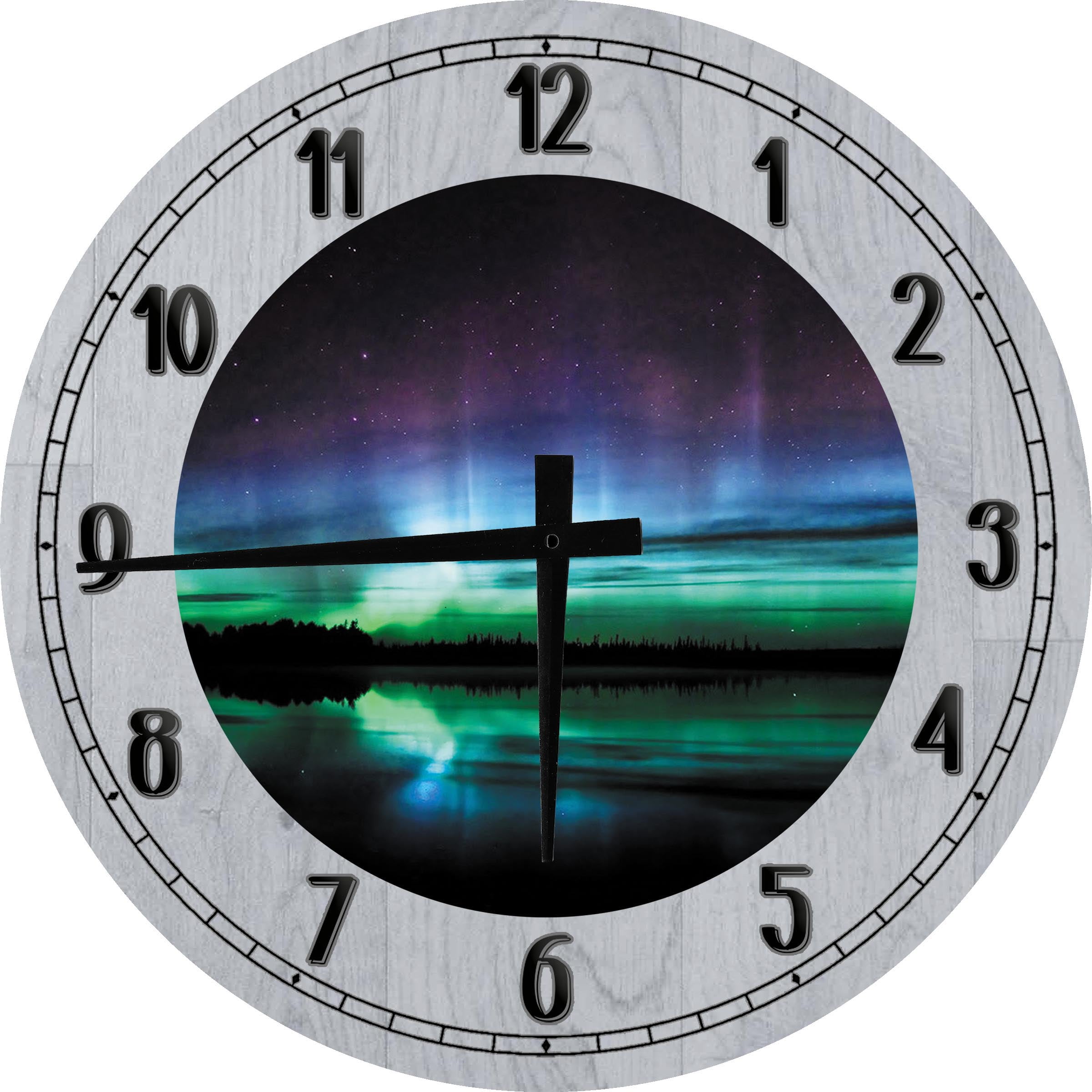 Wood Wall Clock 12 Inch Aurora Borealis Over Alaskan Water Mountains And Night Sky Round Small Battery Operated Gray Wall Art Walmart Com