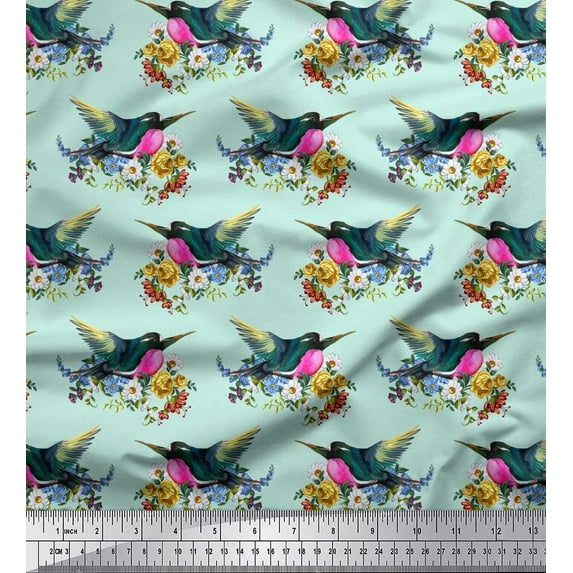 Soimoi Green Cotton Voile Fabric Leaves,Floral & American Robin Bird Decor Fabric Printed BTY 56 Inch Wide