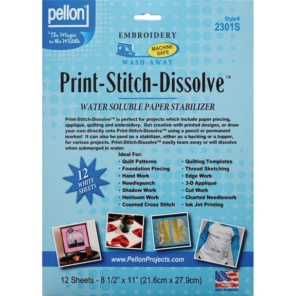 Pellon Print-Stitch-Dissolve Paper Stabilizer, White 8.5" x 11" Length 12 Sheets Precut Embroidery Kits. 1 pack.