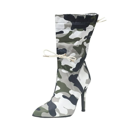

Winter Chelsea Boots for Women Ladies Fashion Camouflage Floral Elastic Drawstring Pointed Thin High Heeled Mid Length Boots Knee High Boots(Size:7)