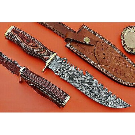 Damascus steel Gut hook hunting knife, Finger guard wood scale, leather Sheath
