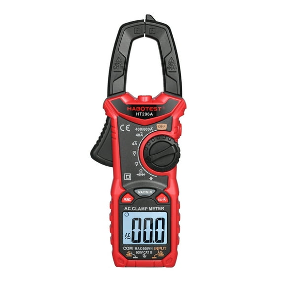 HABOTEST HABOTEST HT206A Digital Clamp Meter for AC/DC Voltage, Current, Resistance, and Temperature Measurement, Red, Battery Not Included