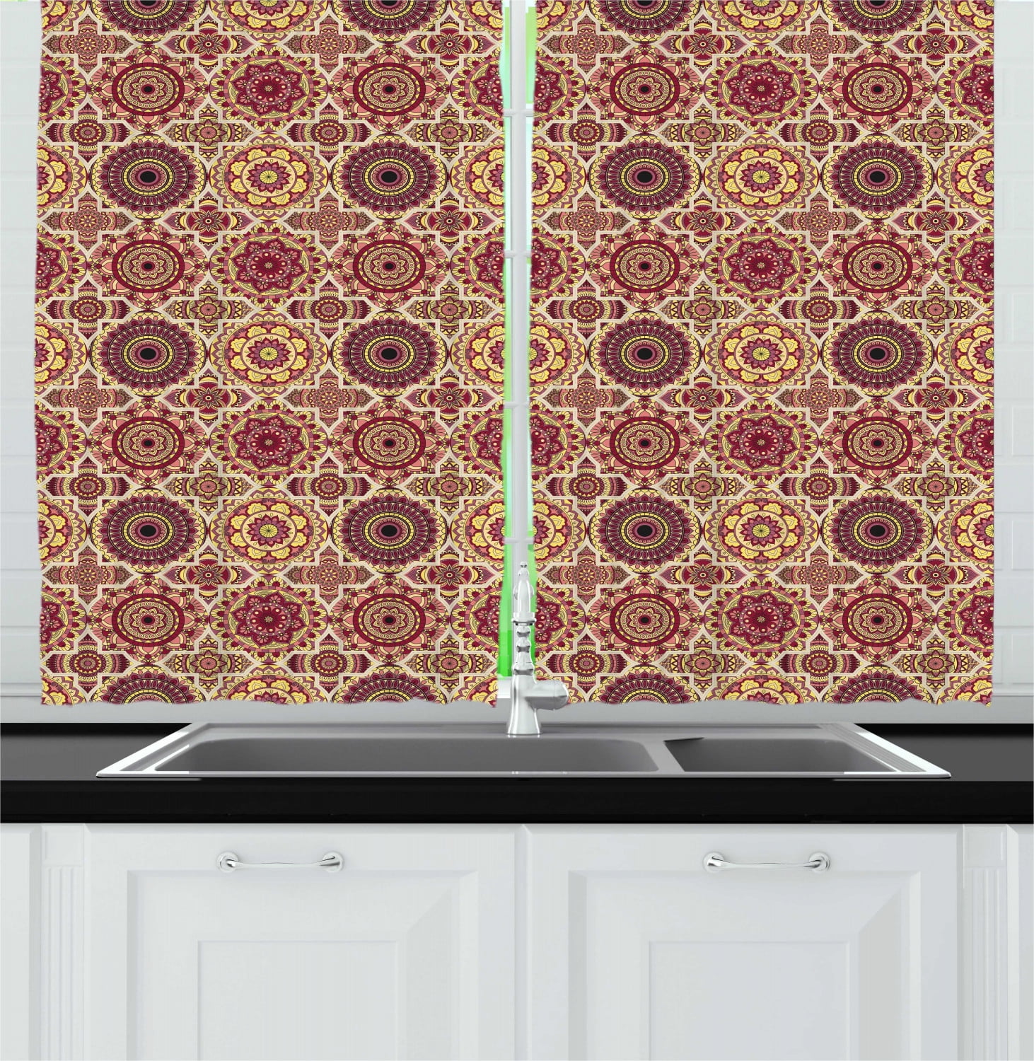 Moroccan Curtains 2 Panels Set, Artistic Patchwork Style Pattern with