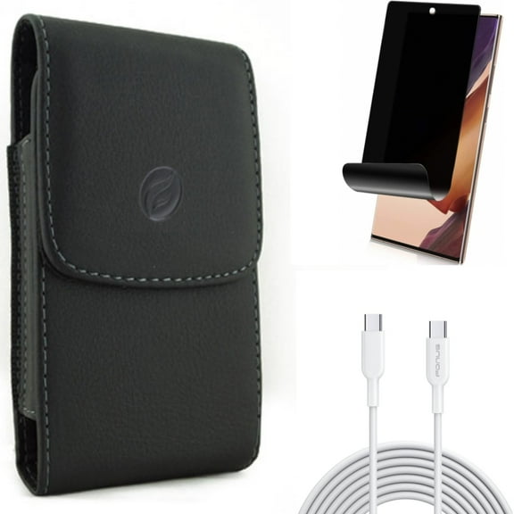 Case Belt Clip & 10ft Long Type-C Cable & Privacy Screen Protector for Samsung Galaxy Note 20 Ultra (6.9") - Combo with Leather Holster & Fast Charger Cord PD & TPU Film Anti-Peep