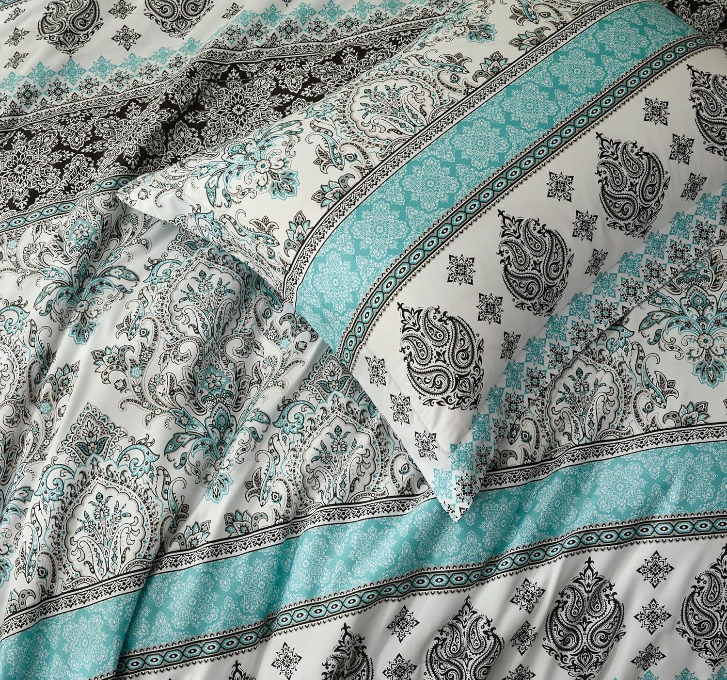 Chezmoi Collection Herald 2-Piece Printed Comforter Set, Aqua Blue Black White Boho Damask, Pre-Washed Microfiber Lightweight Bedding for All Seasons, Twin Size