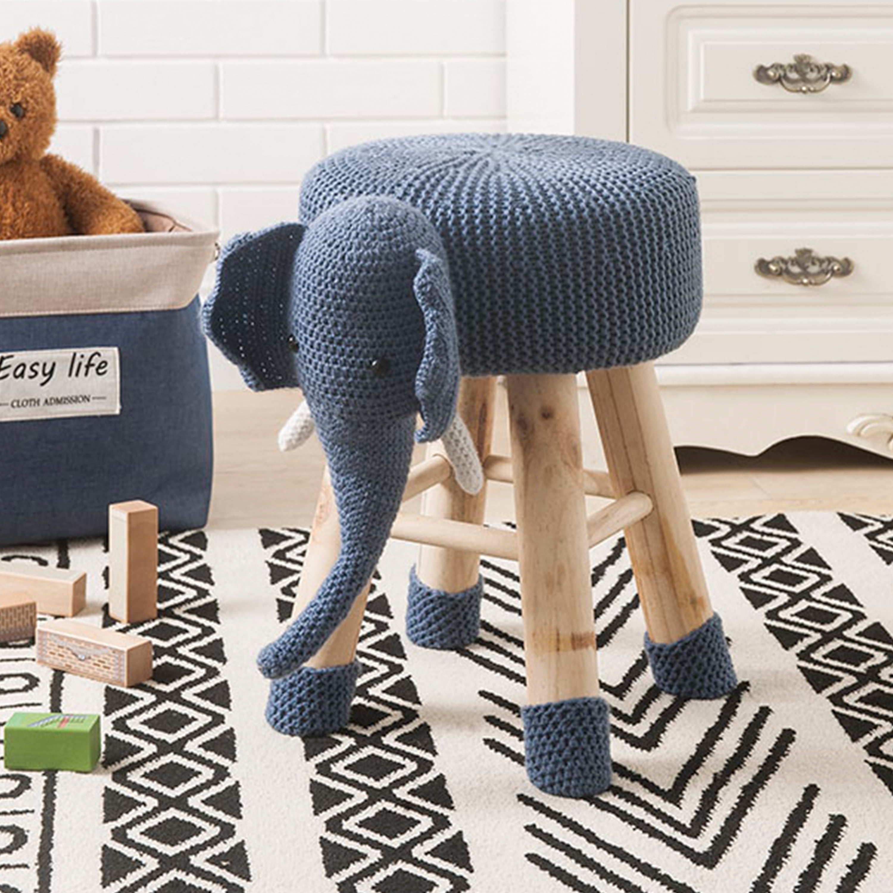 AC Pacific Children's Woven Elephant Ottoman Stool with Wooden Legs, Blue