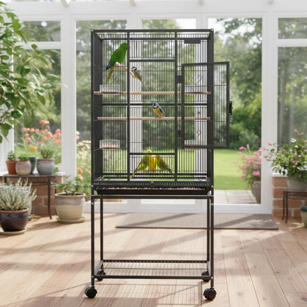 Bird Cage, wrought iron flight cage with perches, slide-out tray, plastic feeders and casters