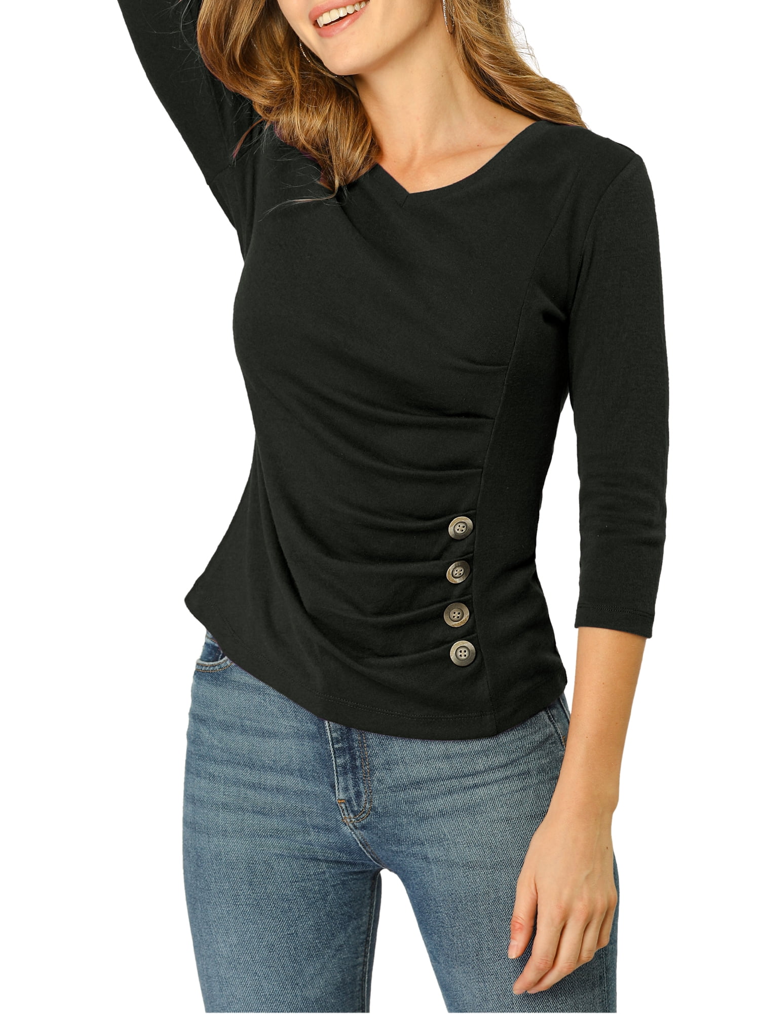 DARING DIVA V Neck Knitted Buttons Decor Ruched Blouse Top S Black