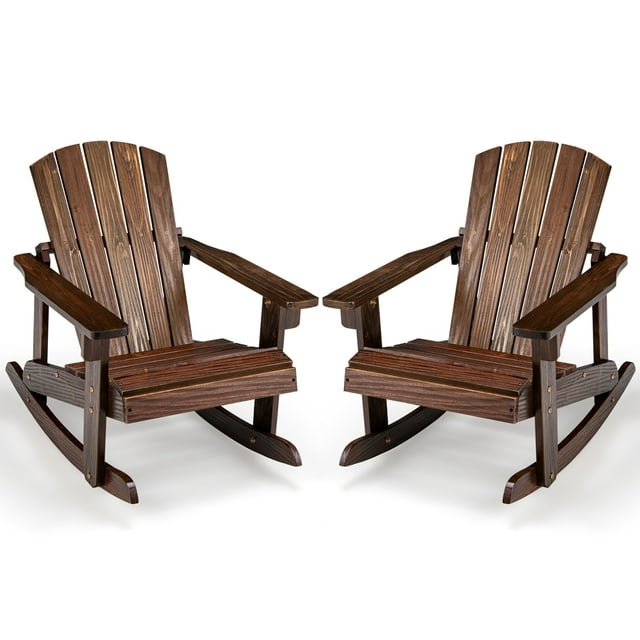 Gymax 2PCS Kid Adirondack Rocking Chair Outdoor Solid Wood Slatted seat Backrest Coffee