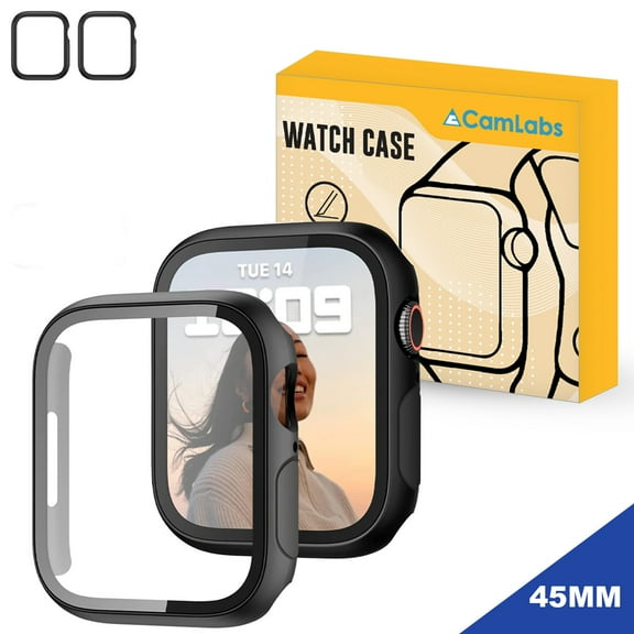 [2 Pack] CamLabs Apple Watch Case Built in Tempered Glass Screen Protector Compatible with Apple Watch Series 8 / 7 45mm, Hard PC Case Ultra-Thin Bumper Protective Crystal Clear Cover - Black Case