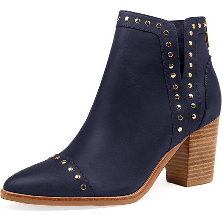 

Women s Rivet Ankle Boots Cut Out Pointed Toe Booties Chunky Stacked Heel Back Zipper Western Shoes