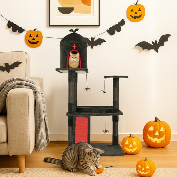 Ktaxon Large Halloween Cat Tree w/ Coffin Hideout & Scratcher, 2-Level for Large Cats, Black Red