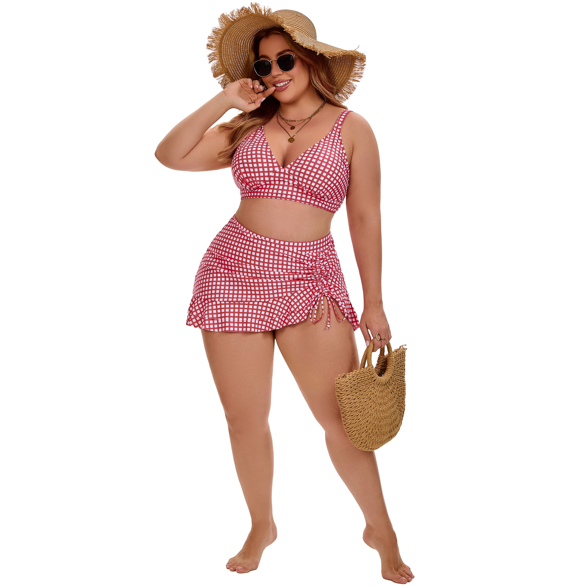 DARING DIVA Women's Plus with Retro Gingham High Waisted Bikini 1X Red