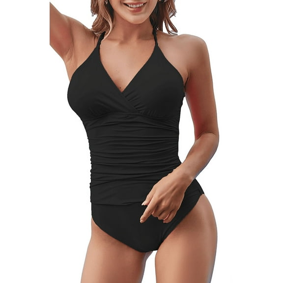 LIORA Women’s Halter V Neck Macrame Back Ruched Tummy Control One Piece Swimsuits US Large, Black