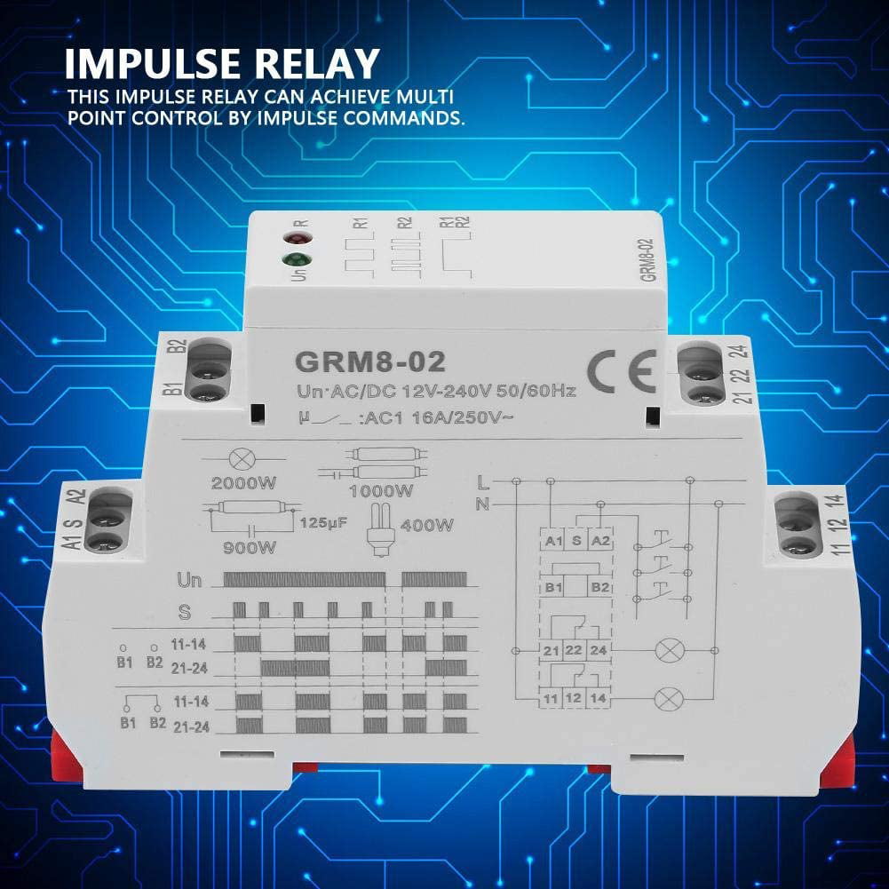 GRM8-02 Electronic Impulse Relay AC/DC 12-240V Latching Relay Memory Relay with LED Indicators 35mm DIN Rail Mount 