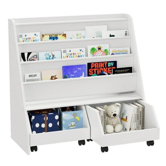 4 Tier Kids Bookshelf with 2 Movable Drawers and 5 Sling Pockets,Children's Bookshelf and Toy Storage for Bedroom, Playroom, Nursery,White