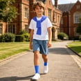 thumbnail image 4 of Boys 4 Pieces Back To School Outfit Round Neck Solid Short Sleeve Tee and Pockets Denim Shorts and Shawl and Knee High Socks Performance Outfits Casual Clothes Set 3-16 Years, 4 of 9
