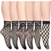 LNGOOR 6 Pairs Lace Fishnet Ankle Socks for Women Anklet Socks for Dress