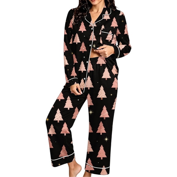 Riecok Plus Size Pajama Sets for Women Christmas Xmas Tree Printed 2 Piece PJs Sleepwear Button down Shirt and Pant Holiday Nightwear