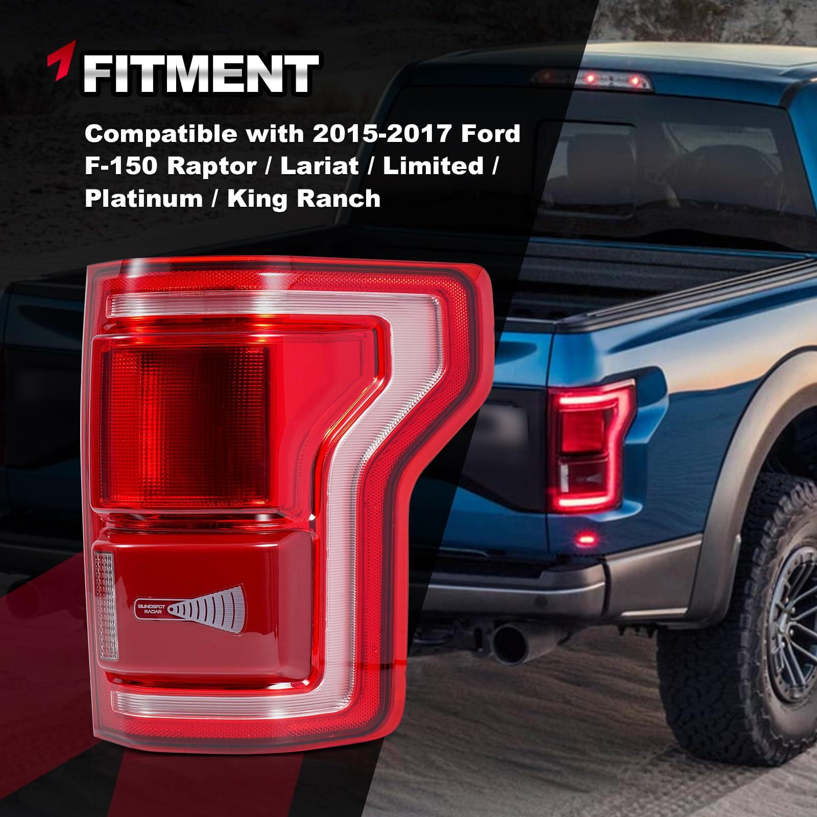 Ford F150 LED Tail Light Assembly with Blind Spot Alert Monitor Compatible with 2015-2017 Ford F-150 Raptor Lariat (Rear Right Passenger Side)