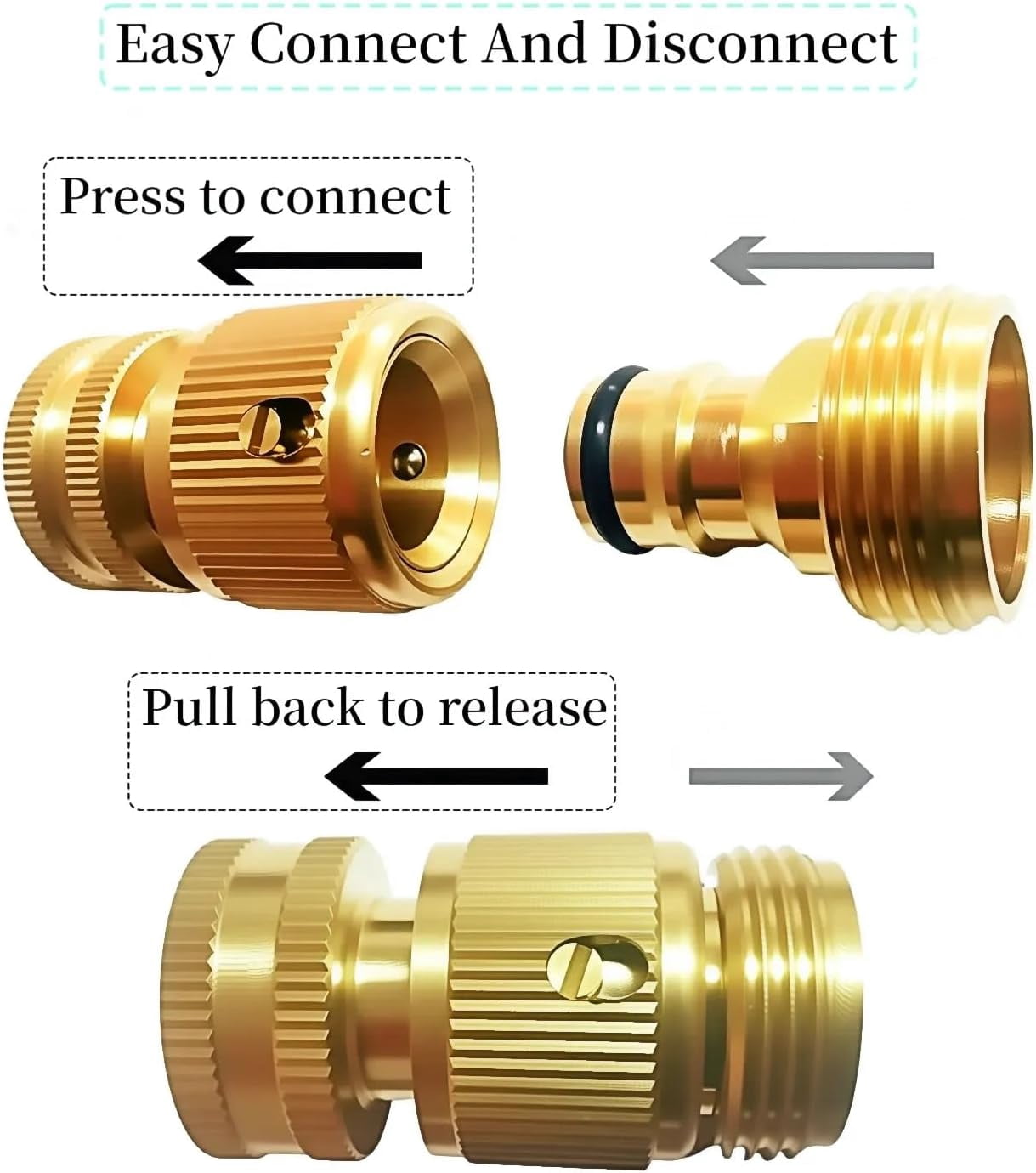 HRTGFD-Brass 3/4 Inch GHT Garden Hose Quick Connect Fittings, Quick Connect Hose Fittings, Hose Quick Connect (2 Sets, 2 Female+2 Male)