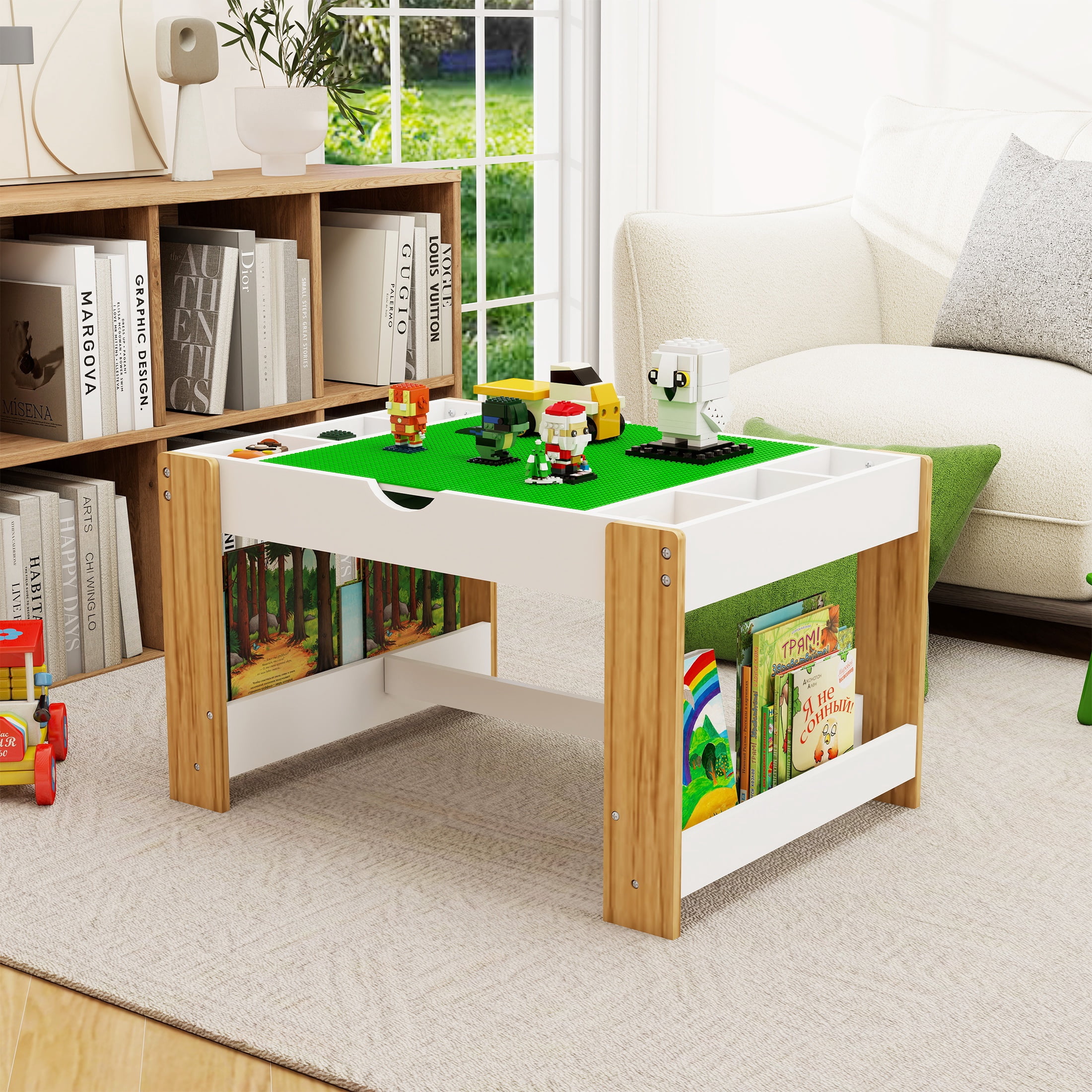 PORKISS 2 in 1 Kids Play Table for Building Bricks, with Reversible Top and 7 Storage Compartments, White