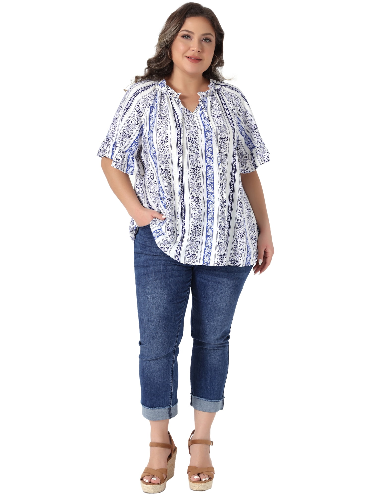 DARING DIVA Women's Plus V Neck Floral Print Summer Shirt Loose Fit Blouses 3X Blue