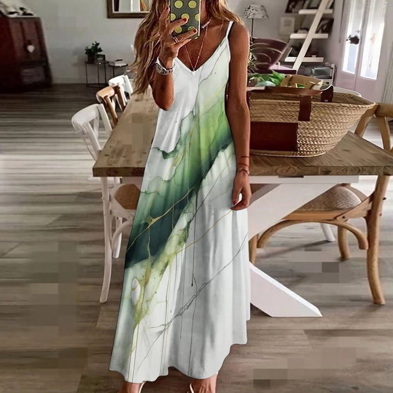 Sage Green Ink Sleeveless Suspender Dress Summer Fashion Casual Long Dress