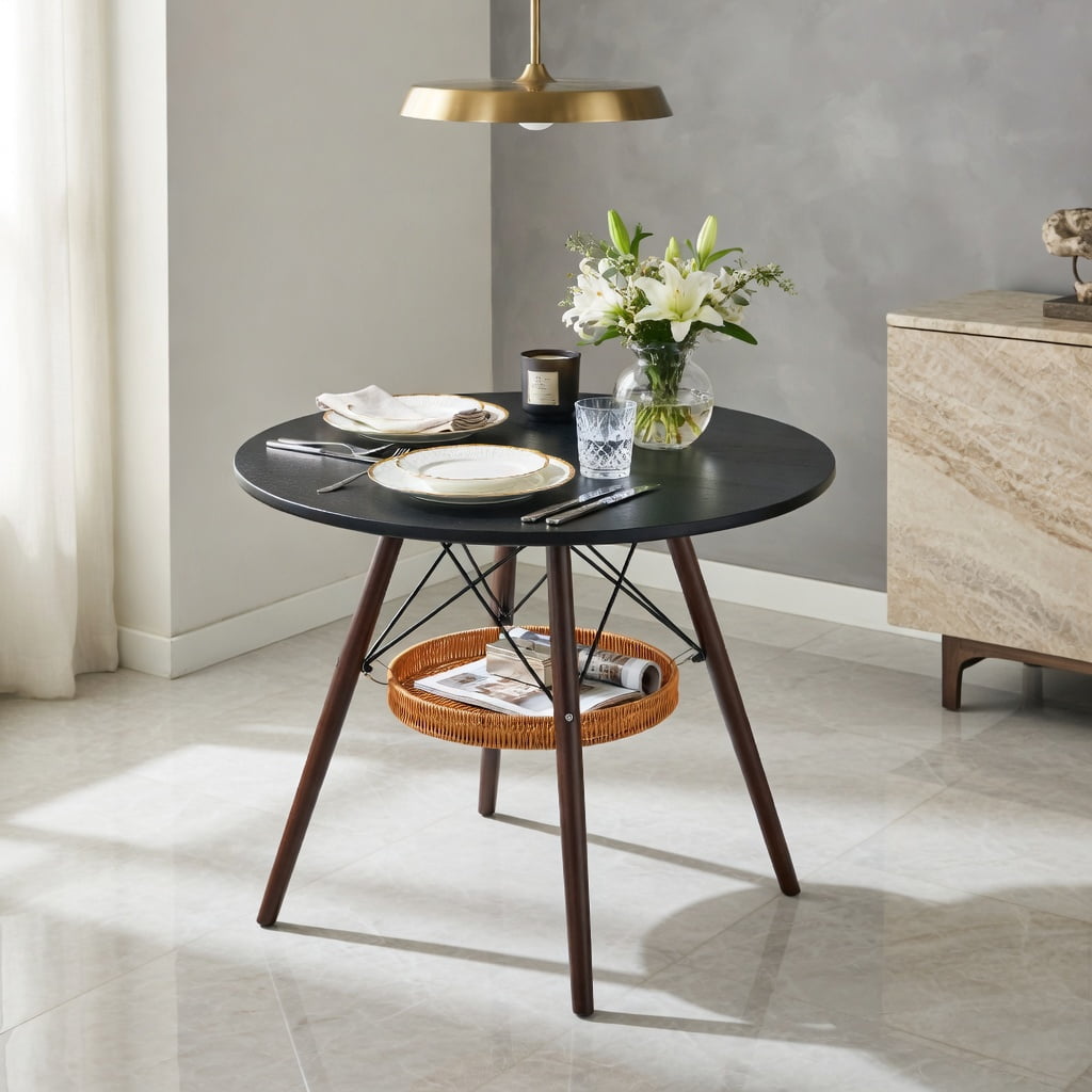 Hommoo 31.5-inch Round Dining Table with Walnut Solid Wood Legs, MDF Vacuum-Formed Top & Hanging Woven Storage Basket, Modern Scandinavian Coffee Table for Small Spaces, Black