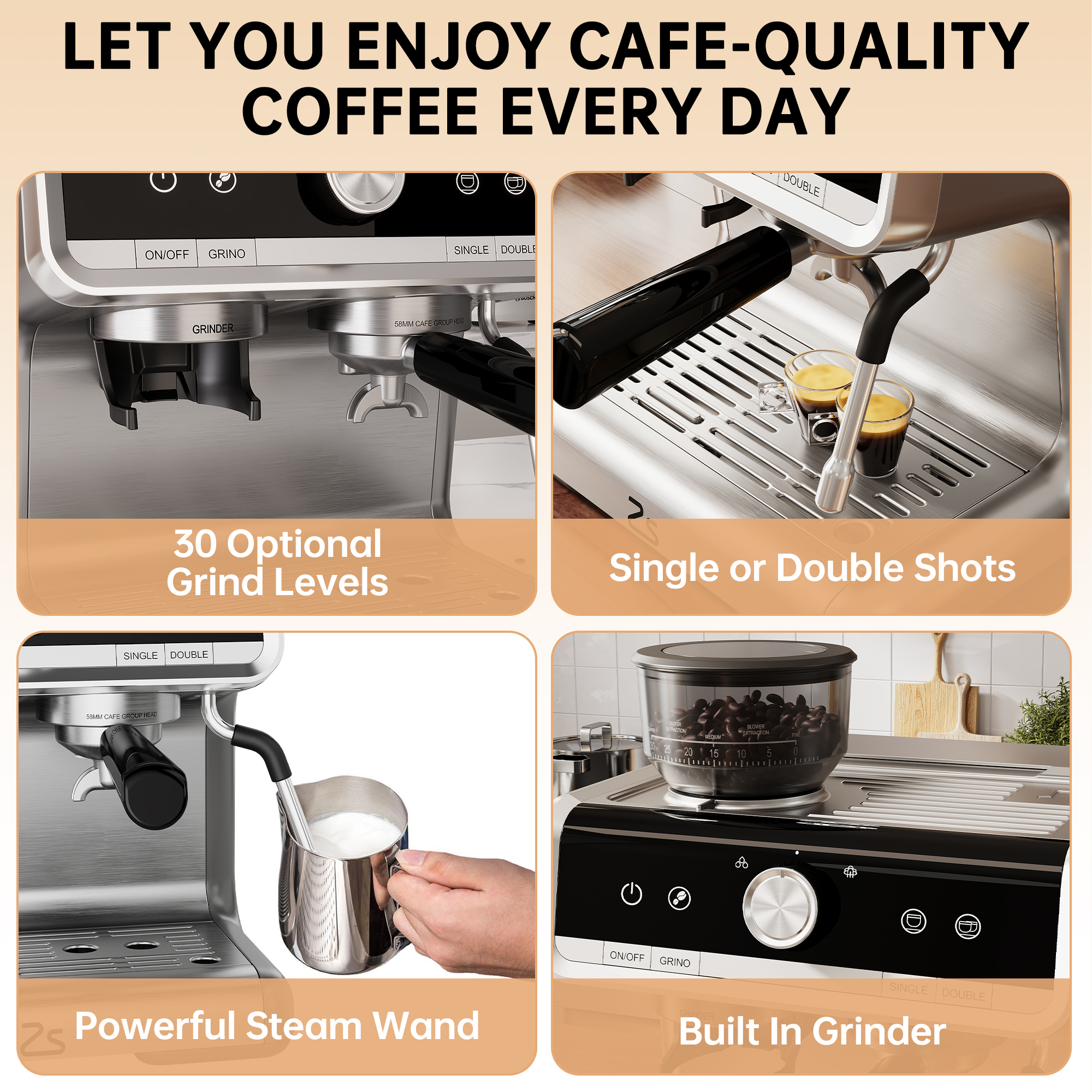 Professional Espresso Machine with Integrated Grinder & Auto Milk Frother, 20 Bar Pump for Lattes and Cappuccinos at Home