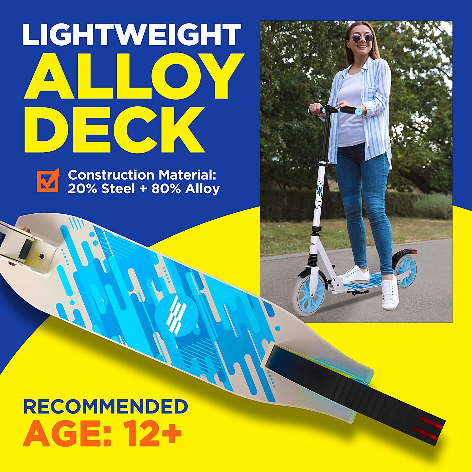 2-Wheel Foldable Riding Scooter for Teens W/Adjustable Height, Alloy Anti-Slip Deck, 9” Wheels
