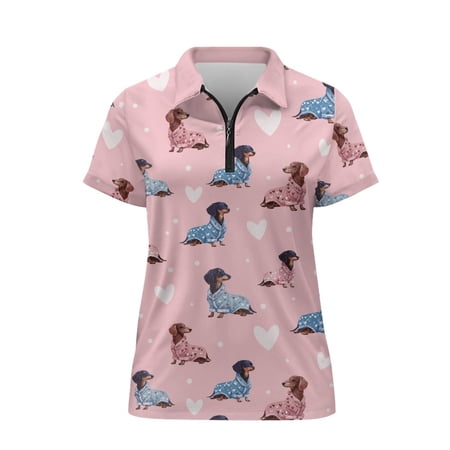 FUIALDOLG Cartoon Dachshund & Heart Pattern Moisture Wicking Golf Pullover for Tennis Outdoor Fishing Quarter Zip Women V Neck Golf Shirts Breathable Polyester Womens Golf Shirt